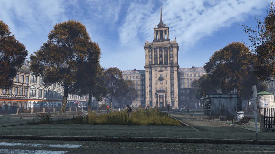 DayZ city square with a clock tower, trees, and benches