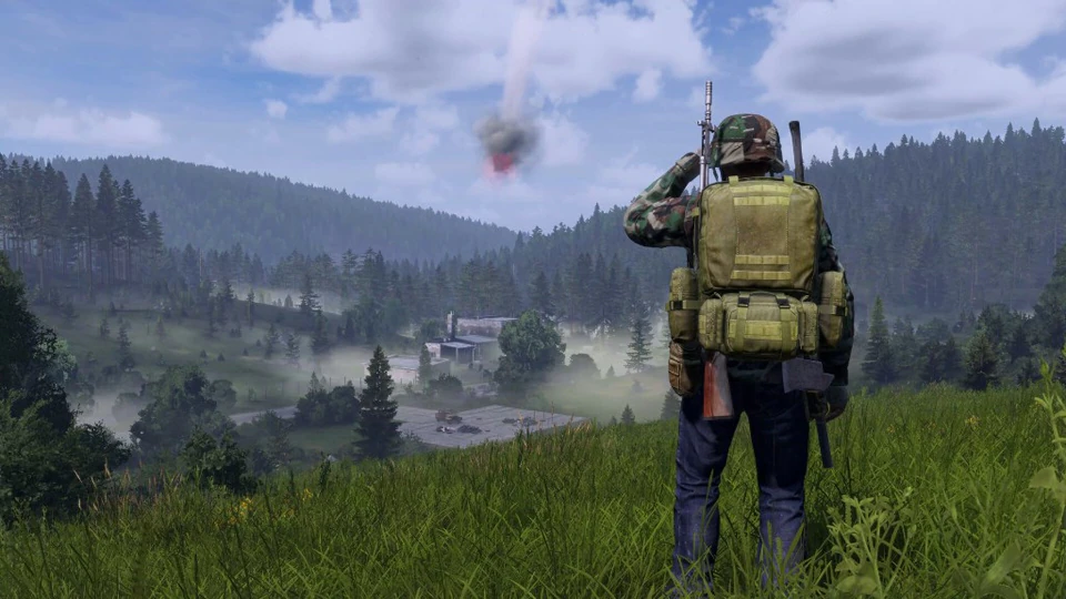 DayZ survivor overlooking a forest camp with a smoke column in the distance