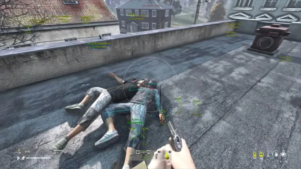 DayZ player ESP on two characters lying on a rooftop